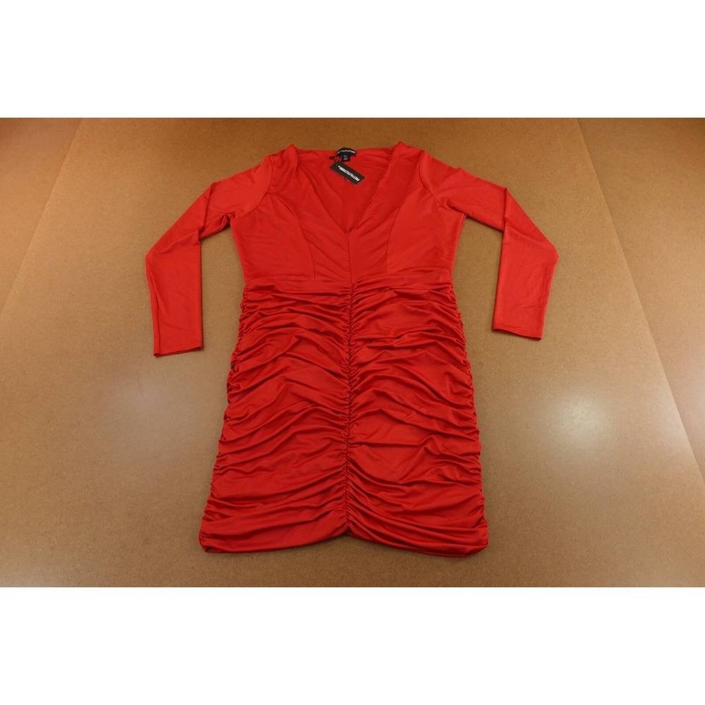 Pretty Little Thing Womens Size 14 Red Slinky Long Sleeve Ruched Mini Dress NWT